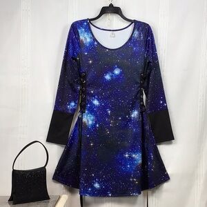 🚀 DRESSFO Black Blue Galaxy Corset Sides Long Sleeve